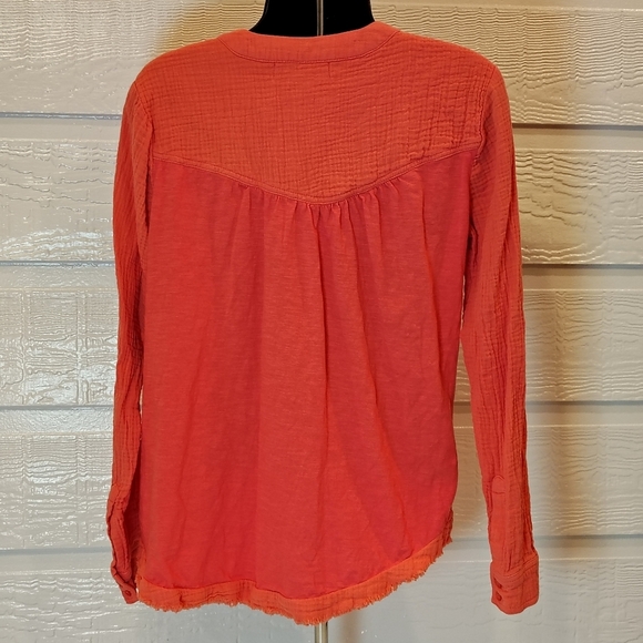 Women's Small Coral/Pink Gauze Long Sleeves Blouse Raw Hem 100% Cotton Flowy - Picture 5 of 9